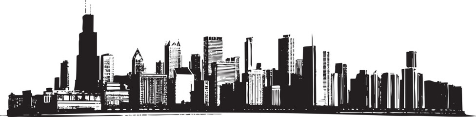 Naklejka premium Modern city skyline vector illustration in black and white, ideal for urban development, travel, and architectural graphic design projects.