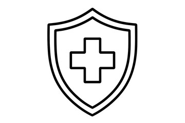 Obraz premium Shield medical cross protection icon, health insurance symbol, safety emblem vector illustration, healthcare security logo, transparent outline design for graphic and web apps, ads, cards