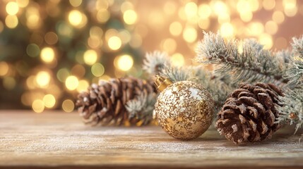 Christmas Tabletop: Frost-Dusted Pine Branches, Brown Pine Cones, Glossy Gold Bauble, Soft White Wood + Warm Golden Tree Lights Bokeh, Cozy Festive Vibe