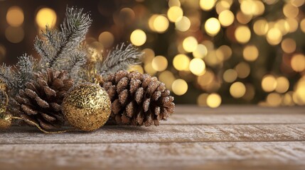 Christmas Tabletop: Frost-Dusted Pine Branches, Brown Pine Cones, Glossy Gold Bauble, Soft White Wood + Warm Golden Tree Lights Bokeh, Cozy Festive Vibe