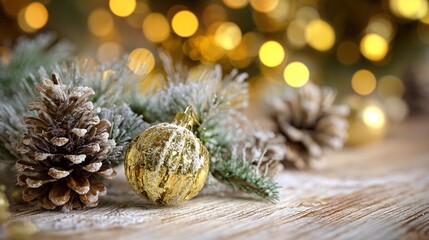 Christmas Tabletop: Frost-Dusted Pine Branches, Brown Pine Cones, Glossy Gold Bauble, Soft White Wood + Warm Golden Tree Lights Bokeh, Cozy Festive Vibe