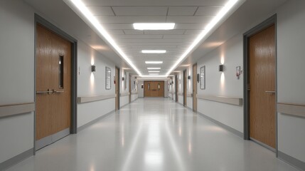 A bright modern hospital corridor featuring sleek white walls, wooden doors, and ceiling lights, creating a clean and inviting atmosphere for patients and staff alike.
