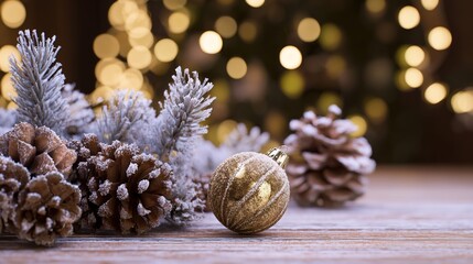 Christmas Tabletop: Frost-Dusted Pine Branches, Brown Pine Cones, Glossy Gold Bauble, Soft White Wood + Warm Golden Tree Lights Bokeh, Cozy Festive Vibe