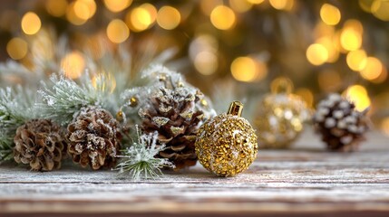 Christmas Tabletop: Frost-Dusted Pine Branches, Brown Pine Cones, Glossy Gold Bauble, Soft White Wood + Warm Golden Tree Lights Bokeh, Cozy Festive Vibe