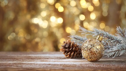 Christmas Tabletop: Frost-Dusted Pine Branches, Brown Pine Cones, Glossy Gold Bauble, Soft White Wood + Warm Golden Tree Lights Bokeh, Cozy Festive Vibe