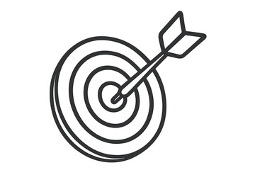 Target icon with arrow hitting bullseye, line style dartboard symbol, vector cartoon illustration, precise goal achievement concept, business success, focus and accuracy design