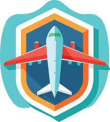 Airplane inside a stylized shield emblem with wings and tail fins Keywords: airplane, aircraft, travel