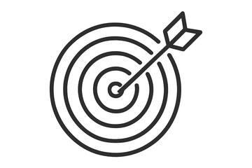 Target icon with arrow hitting bullseye, line style dartboard symbol, vector cartoon illustration with transparent background, precision, goal achievement, business success concept