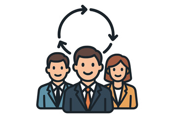 Teamwork icon with business group symbol, vector cartoon illustration of diverse professional people in suits, leadership, collaboration, partnership, communication with transparent background