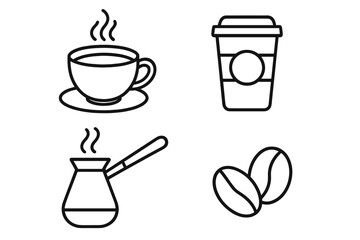Coffee icons set, vector illustration of hot coffee cup, takeaway coffee cup, steaming cezve pot, and coffee beans, simple black outline graphics for apps and design projects