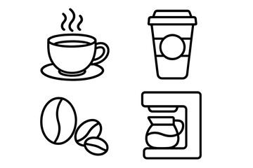 Thin line coffee icons set with cup, coffee beans, coffee maker and takeaway cup. Minimalist black outline vector illustration for app, graphic, concept design, transparent background