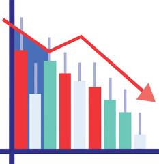 Bar chart with red downward trending arrow and declining graph data statistics
