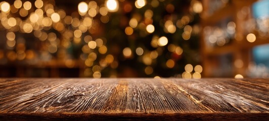 The rustic wooden table with festive bokeh background during a holiday celebration.