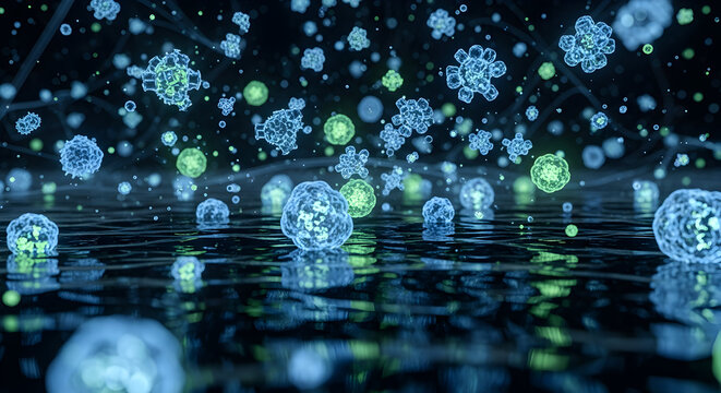 Microscopic view of cells abstract science visualization depicting biological processes and cellular activity