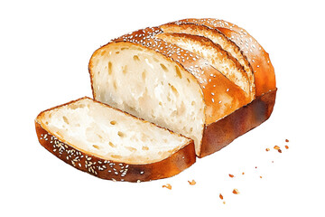 Watercolor illustration of freshly sliced sesame loaf bread for culinary design and food art