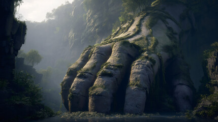 A giant stone hand from an ancient statue covered in moss in a misty canyon. Fantasy landscape with forgotten ruins and a river