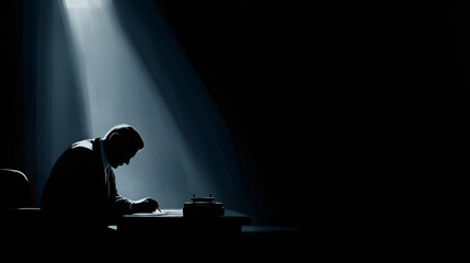 A silhouetted man writing at a desk under a dramatic spotlight. Stress, pressure, and solitude concept with copy space for text