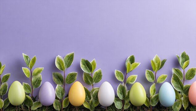 Colorful eggs and greenery arranged in a horizontal border.