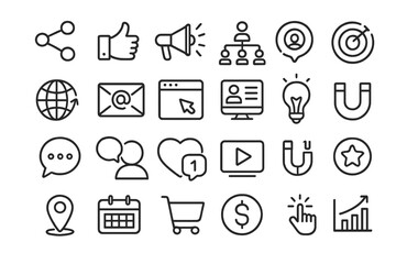Digital marketing line icon set. Social media, e-commerce, and communication symbols. SEO, advertising, user engagement, and online business vector graphics collection.