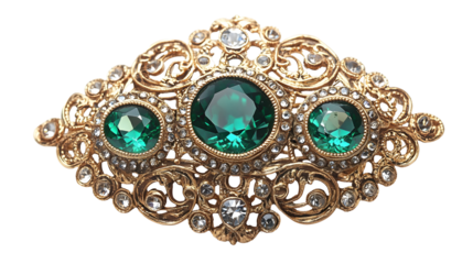 Luxurious antique gold brooch with intricate filigree and emerald gemstones for jewelry design