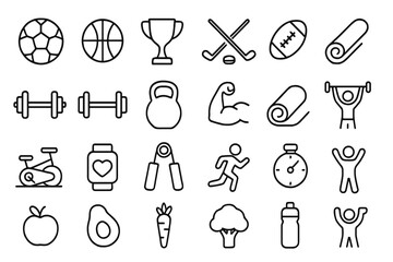 Sport and fitness icon set. Line icons for gym, workout, healthy food. Vector symbols for nutrition, soccer, basketball, running. Healthy lifestyle and activity concept.
