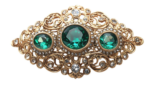 Luxurious antique gold brooch with intricate filigree and emerald gemstones for jewelry design