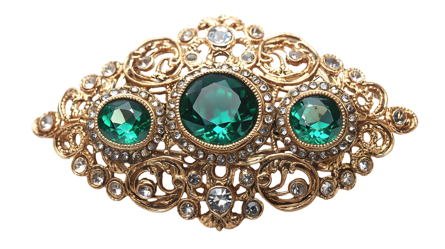 Luxurious antique gold brooch with intricate filigree and emerald gemstones for jewelry design
