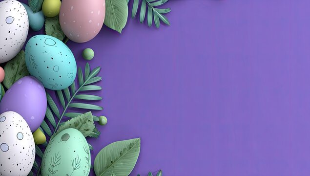 Colorful decorated eggs and tropical leaves on a vibrant purple background.