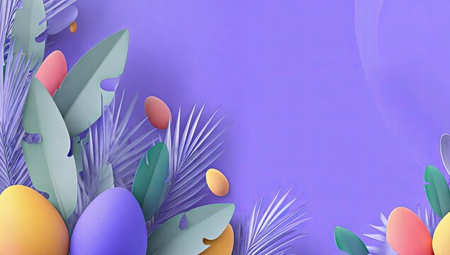 Colorful easter eggs and tropical leaves on a purple background.