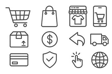 E-commerce icon set. Online shopping line icons for website design and app. Vector symbols for delivery, payment, mobile shopping, cart, secure transaction, and returns.