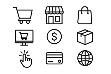 E-commerce icon set for online shopping. Vector line icons for web design, logo, app, and UI. Includes cart, store, payment, delivery, click, and credit card symbols.