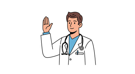Fototapeta premium Friendly Doctor Waving Hand in Greeting with Stethoscope and White Coat.