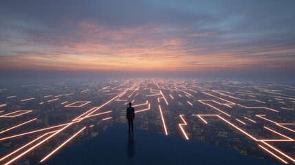 Businessman looking over a futuristic smart city with a glowing data network. Corporate vision and digital transformation concept