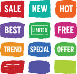 A vibrant collection of colorful, brushstroke style sale tags and labels featuring words like sale, new, hot, best, limited, free, trend, special, and offer, isolated on transparent background.  