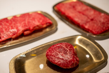 Raw Sirloin Hanwoo Beef, marbled Korean Style Meat prepared on the plate