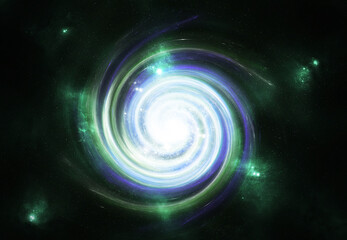 Swirling blue and green nebula a cosmic vortex with bright light at the center representing space exploration and the universe © Gullfam