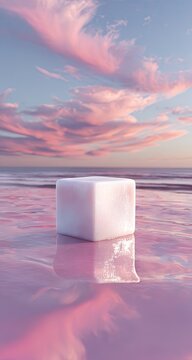 A cube sits on a surface of pink water.