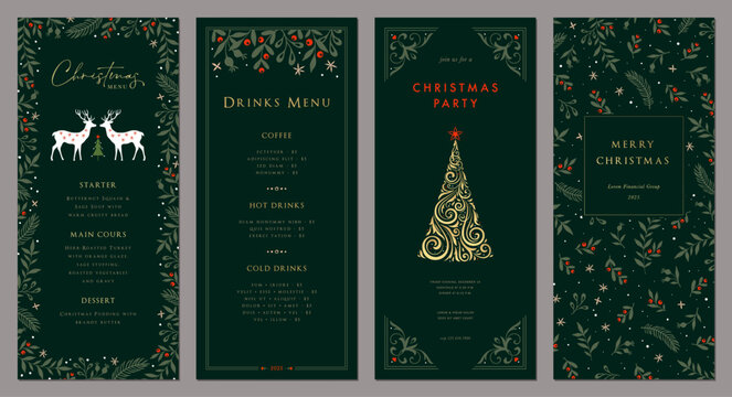 Christmas vector tall templates 4x9. Universal Winter Holiday cards with decorative Christmas Tree, reindeers, ornate floral background and frame with copy space and greetings.