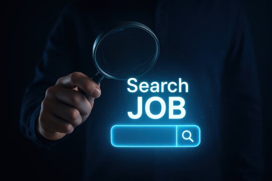 The image showcases a person holding a magnifying glass, with the illuminated words "Search JOB" above a search bar graphic.