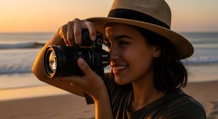 Young woman taking photos with a DSLR camera at the beach enjoying the sunset capturing memories