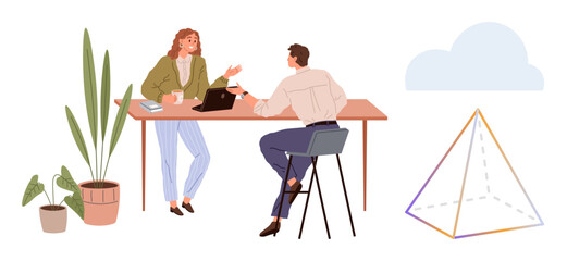 Two colleagues discussing work at a desk with a laptop, surrounded by potted plants and a geometric pyramid. Ideal for teamwork, creativity, strategy, brainstorming, digital tools, cooperation