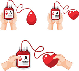  World Blood Donor Day is held on 14 june. Blood Drop with hand and Realistic ribbon. One Drop Can Save a World. Blood bag and heart banner, cards, prints, social media.