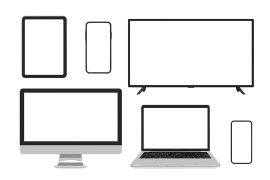 Realistic device mockup set. Laptop, computer, smartphone, tablet, TV screen. 3D vector electronic gadgets with blank white display for presentation or portfolio design.