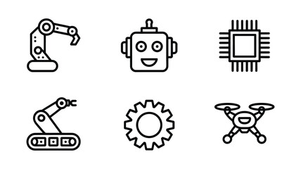 Vector art of robotics and automation technology icons featuring robot, arm, gear, drone, and microchip for engineering projects
