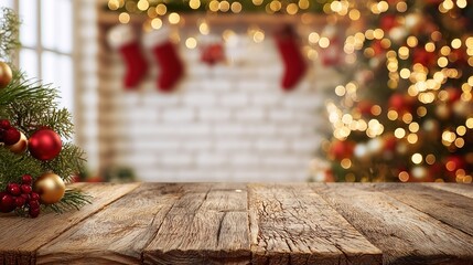 Christmas Kitchen Table with Red/Gold Baubles: Rustic Wooden Surface, White Brick Wall, Christmas Tree + Warm Bokeh Lights, Red Stockings, Cozy Vibe
