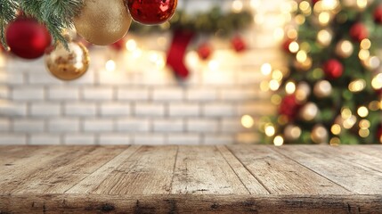 Christmas Kitchen Table with Red/Gold Baubles: Rustic Wooden Surface, White Brick Wall, Christmas Tree + Warm Bokeh Lights, Red Stockings, Cozy Vibe