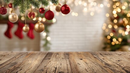 Christmas Kitchen Table with Red/Gold Baubles: Rustic Wooden Surface, White Brick Wall, Christmas Tree + Warm Bokeh Lights, Red Stockings, Cozy Vibe