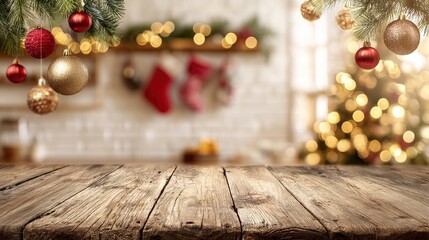Christmas Kitchen Table with Red/Gold Baubles: Rustic Wooden Surface, White Brick Wall, Christmas Tree + Warm Bokeh Lights, Red Stockings, Cozy Vibe