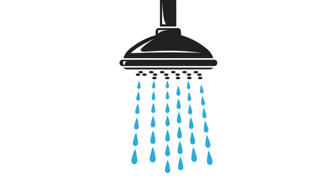 Black Shower Head with Flowing Water Droplets Illustration.