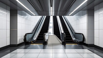Modern escalator in a white and gray subway station